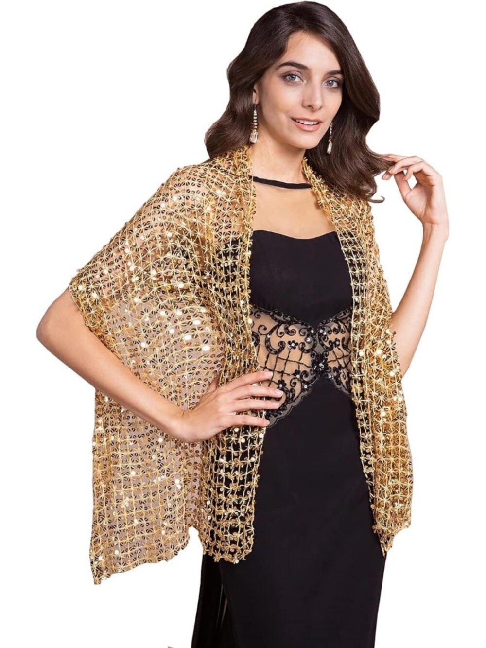 Sparkling Metallic Shawl Wrap with Buckle for Evening Dresses & Wedding Parties